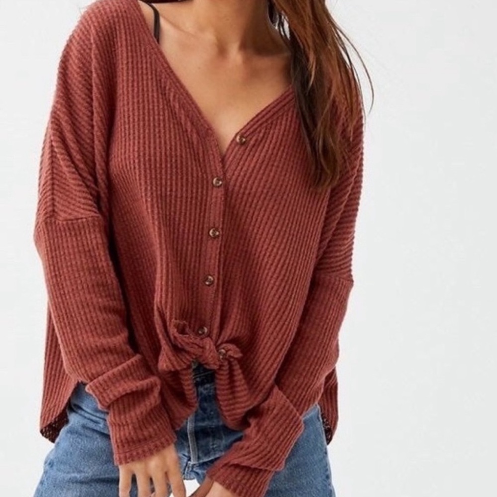 Urban Outfitters rust waffle tie front long sleeve